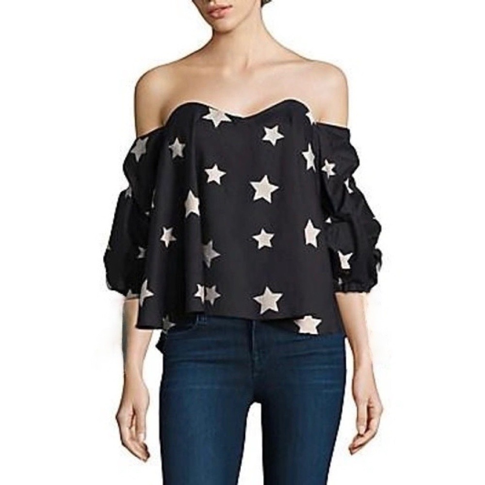CAROLINE CONSTAS‎ Gabriella Bustier Off Shoulder Top Black Metallic Stars Medium